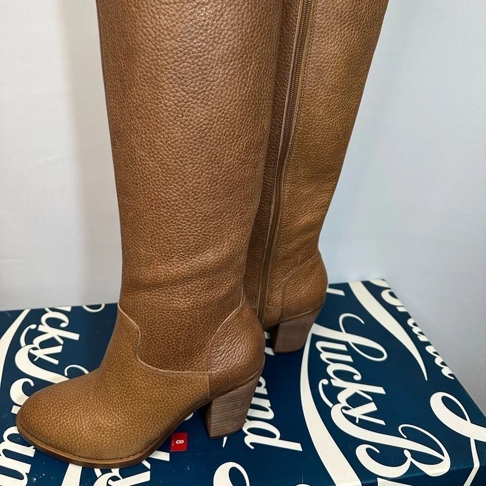 Lucky Brand Epositoh Honey Cornelian Leather Knee-High Boots Size 8 Block Heels